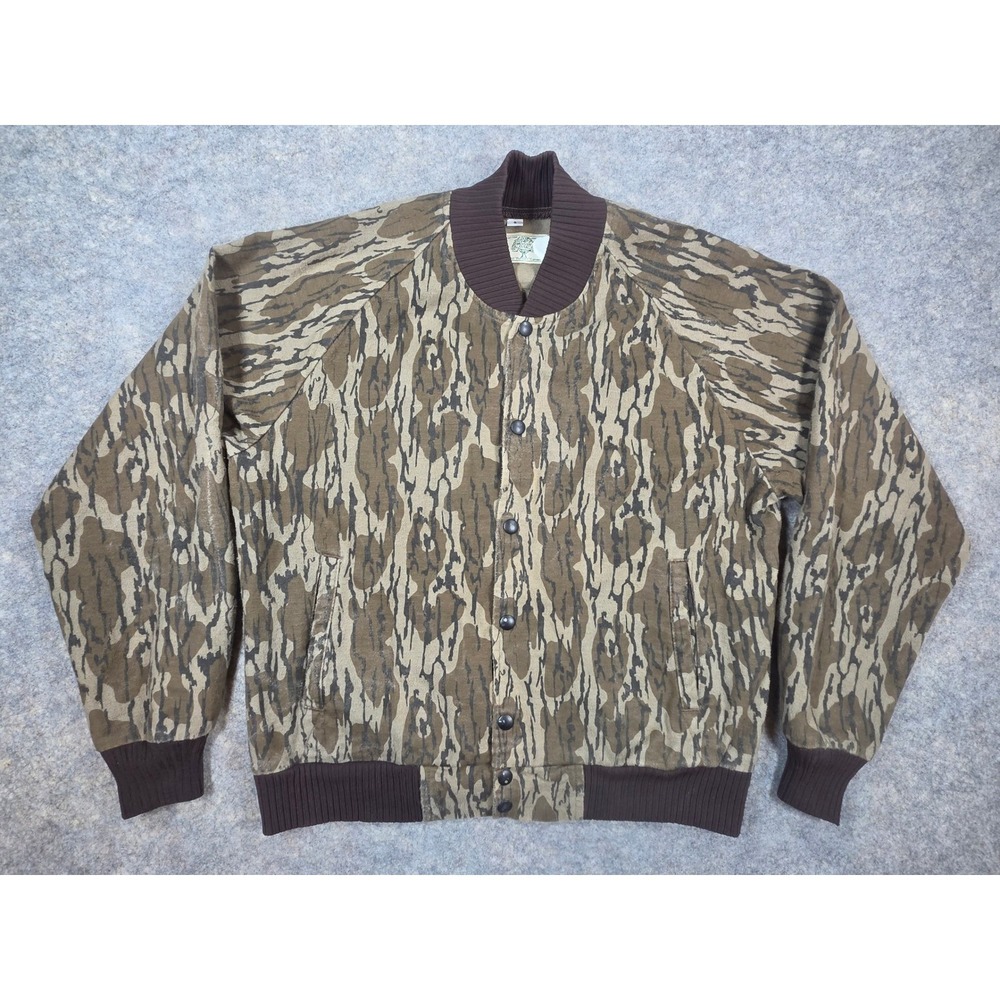 Vintage Mossy Oak Camo Bomber Jacket Mens Small USA Hunting Snap Light Fade